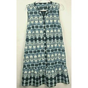 Ivanka Trump Dress Womens Size 12 Blue Ikat Print Shift Button Front Ruffle Hem